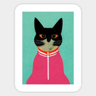 Training Suit Cat Retro Poster Vintage Art Cat Wall Turquoise Pink Illustration Sticker